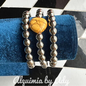 Silver bubbles and picture jasper heart bracelet set/stack/combo
